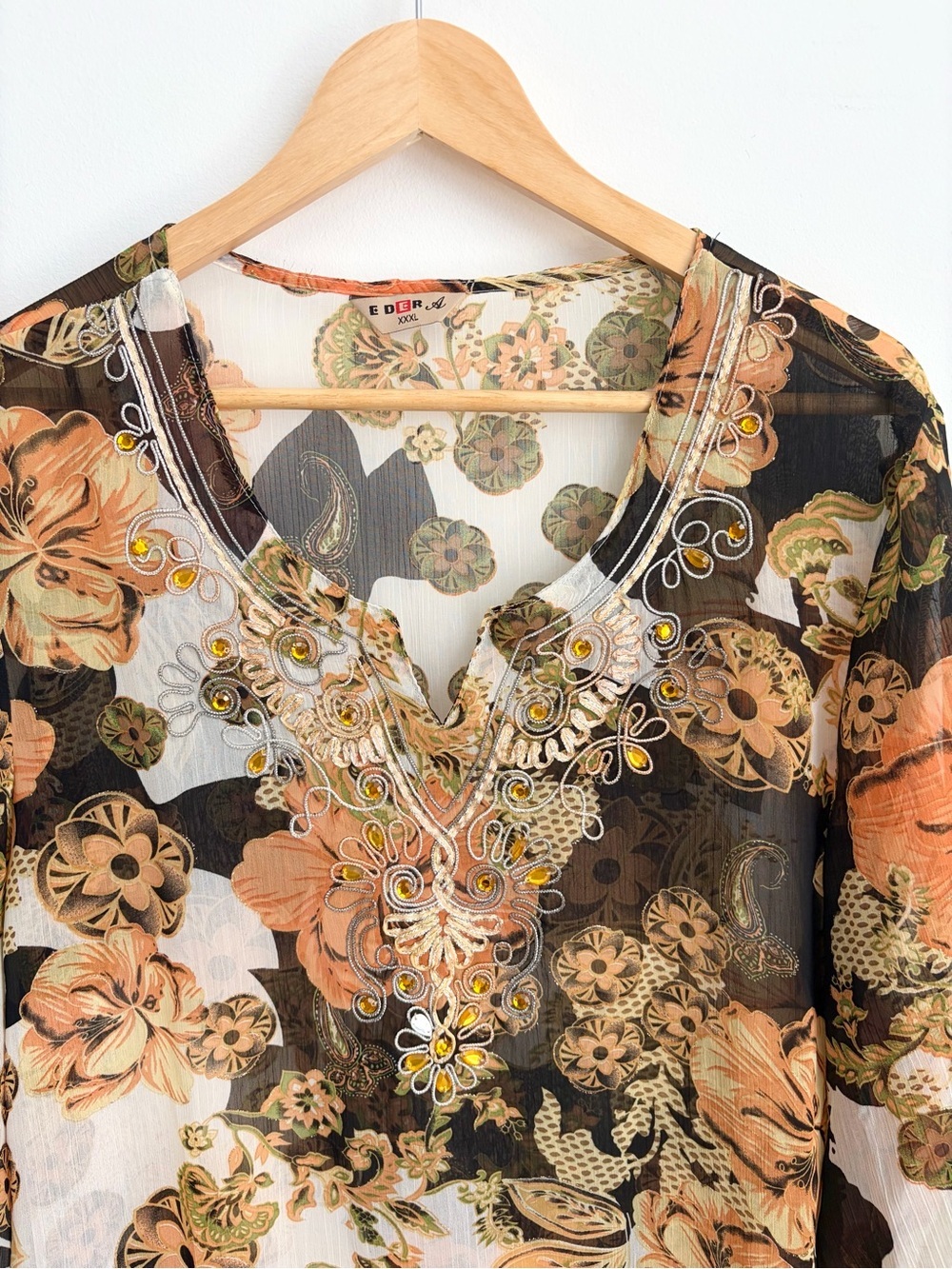 Eder A - Boho Embellished Sheer Tunic Cover-Up Blouse - XXXL - Picture 4 of 7